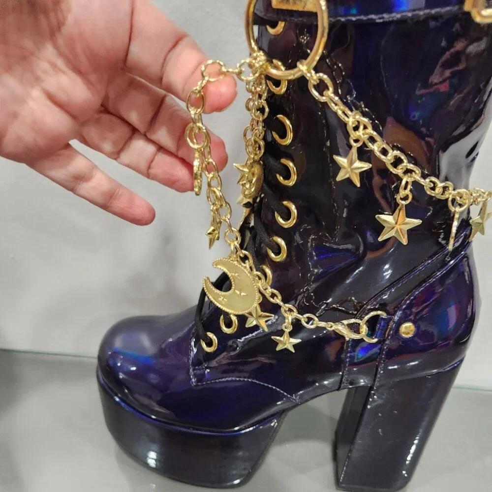 🦋🔥💋HOT ITEM! 💋🦋🔥Holographic Midnight Blue Moon & Star Chain Leather Boots